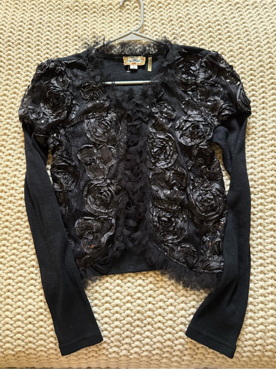 Lulumari Sweaters - Lulumari Black Rosette Appliqué Lace Sequin Cardigan Sweater whimsigoth Size M